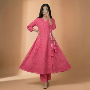 Premium Cotton Angrakha Style  Gown / Kurti  - Pink