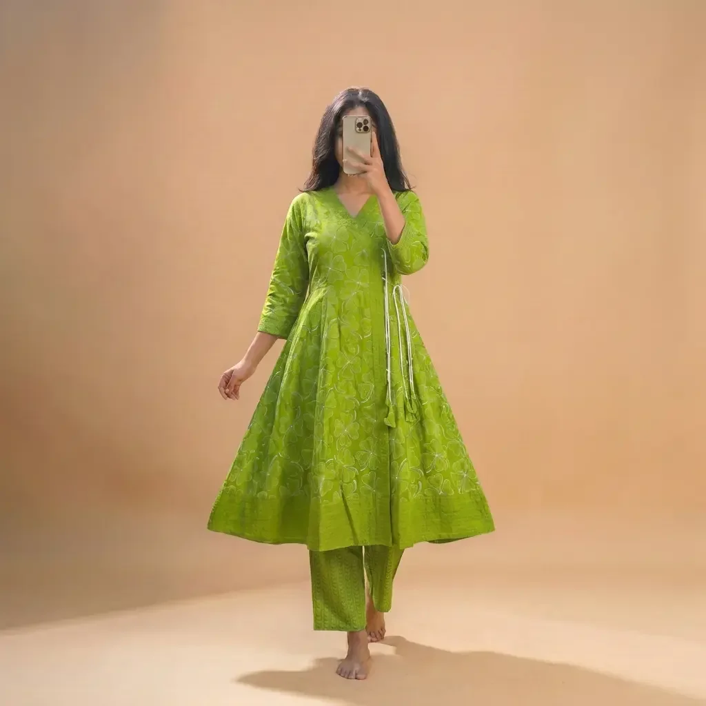 Premium Cotton Angrakha Style  Gown / Kurti  - Light Green